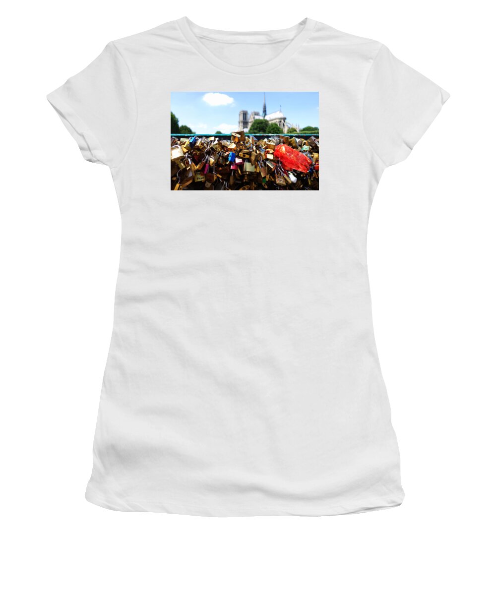 Paris Women's T-Shirt featuring the photograph Paris pont des arts Love Locks with Notre Dame in the background by Toby McGuire