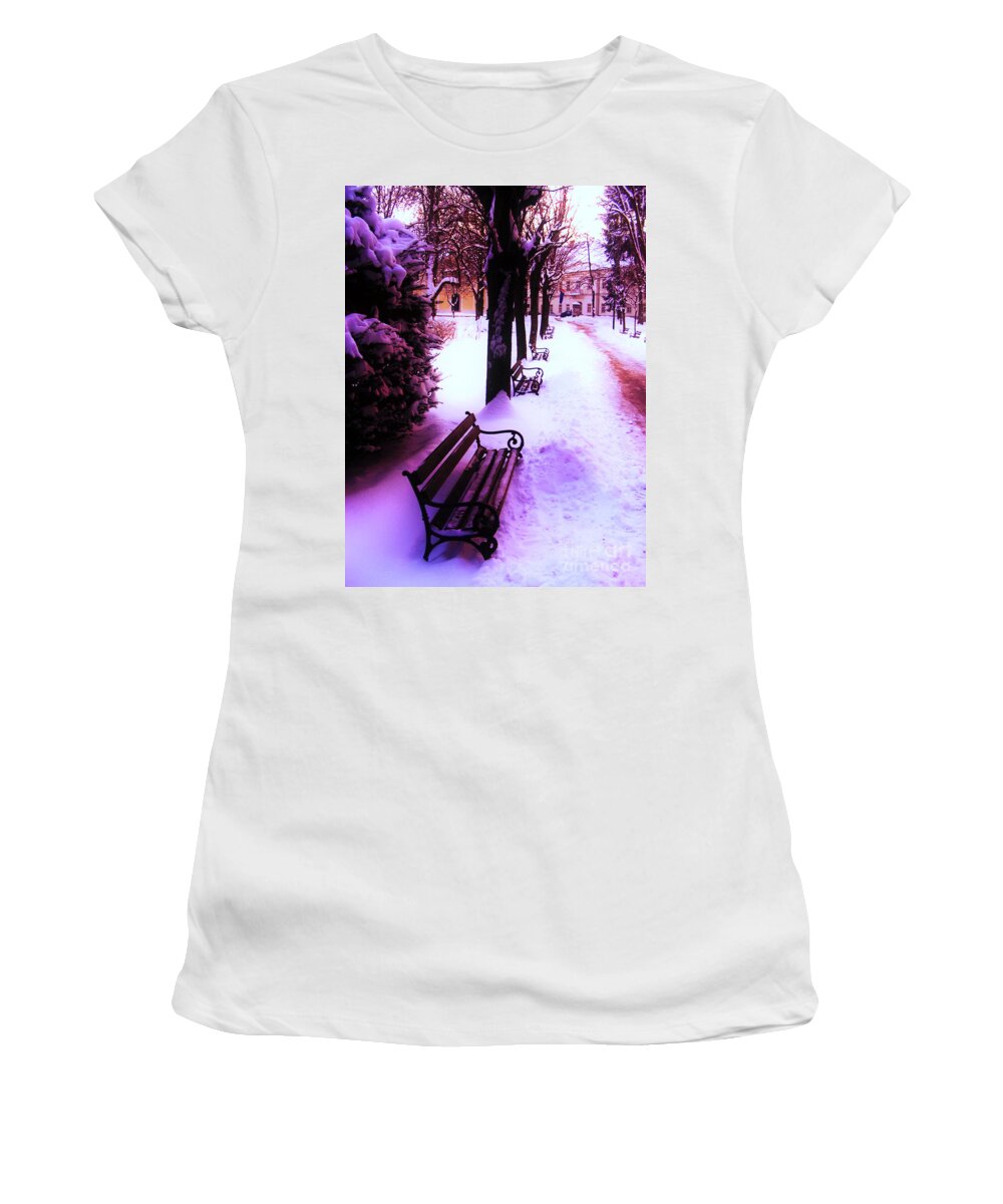 Winter Women's T-Shirt featuring the photograph Park Benches In Snow by Nina Ficur Feenan