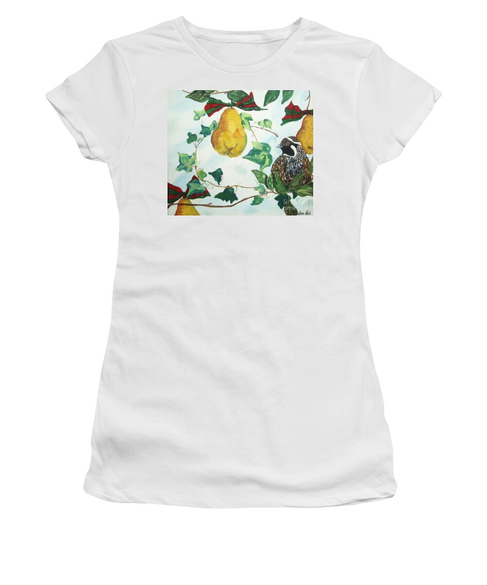  Partridge Bird Women's T-Shirt featuring the painting Partridge and pears by Reina Resto