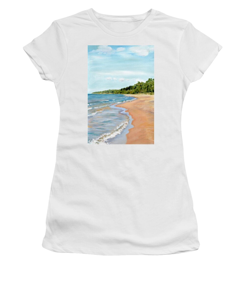 Beach Women's T-Shirt featuring the painting Peaceful Beach at Pier Cove by Michelle Calkins
