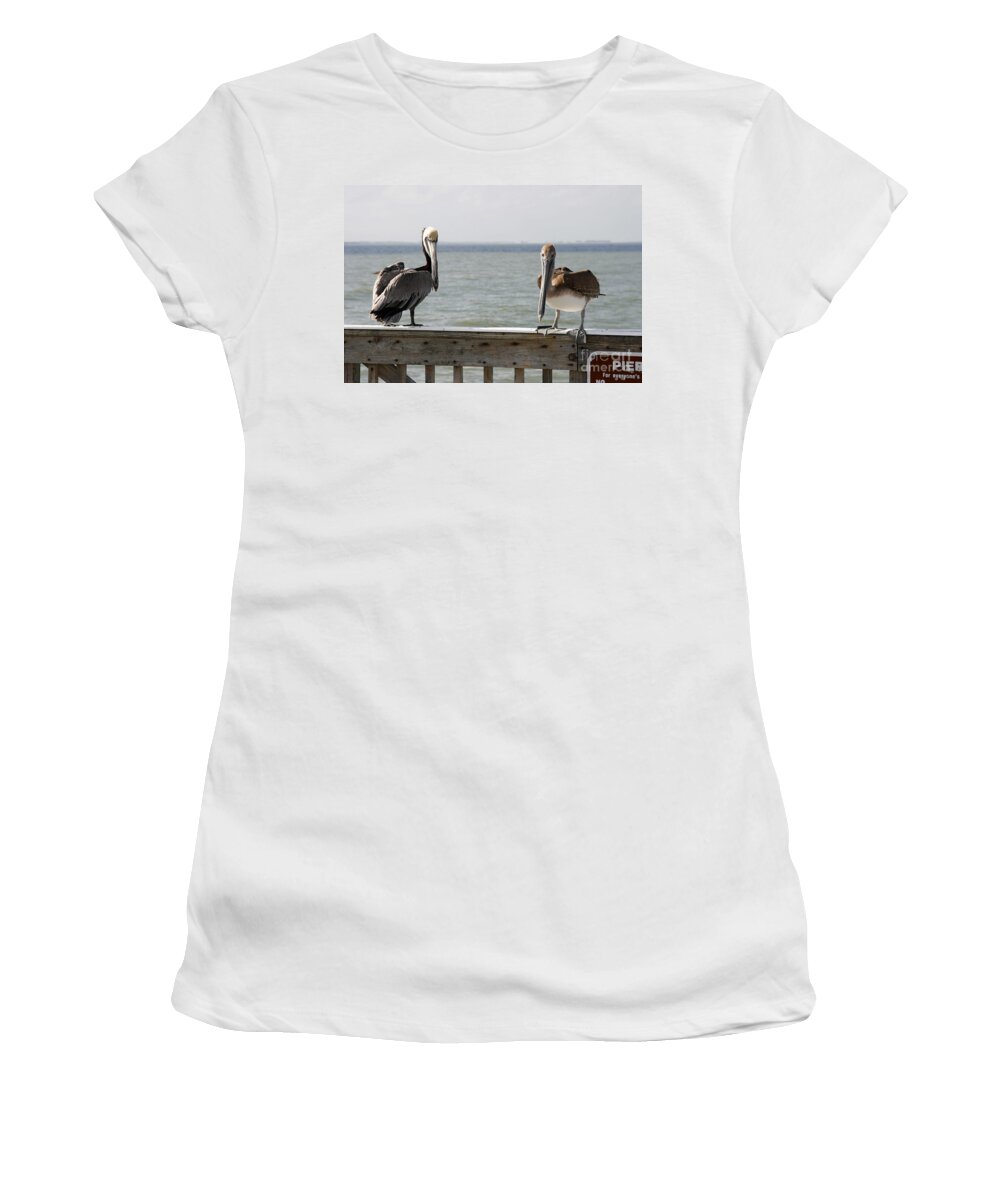 Florida Women's T-Shirt featuring the digital art Pelicans on the Pier at Fort Myers Beach in Florida by William Kuta