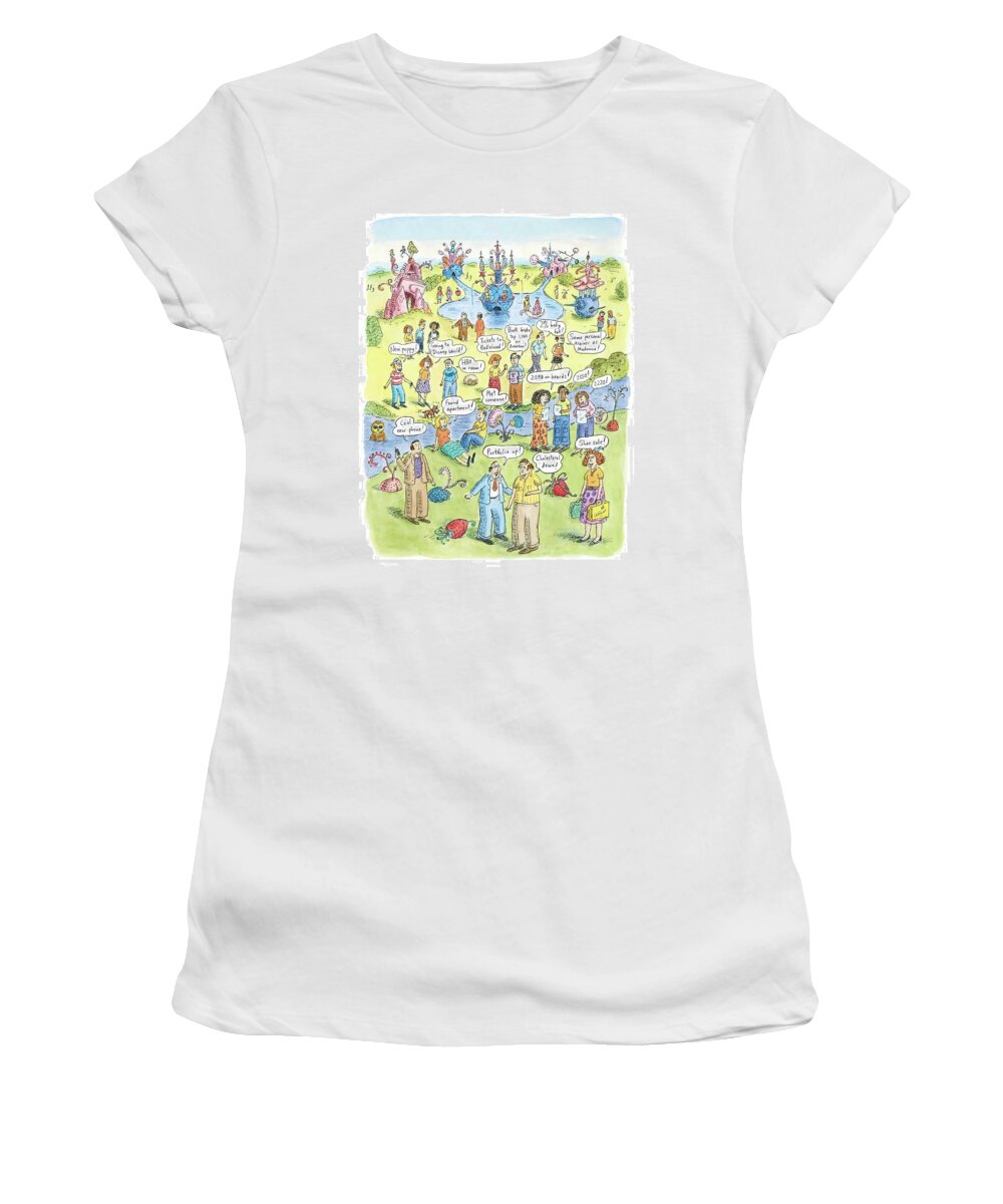 Garden Of Earthly Delights With Apologies To H. Bosch Women's T-Shirt featuring the drawing People Share Good News Around A Garden by Roz Chast