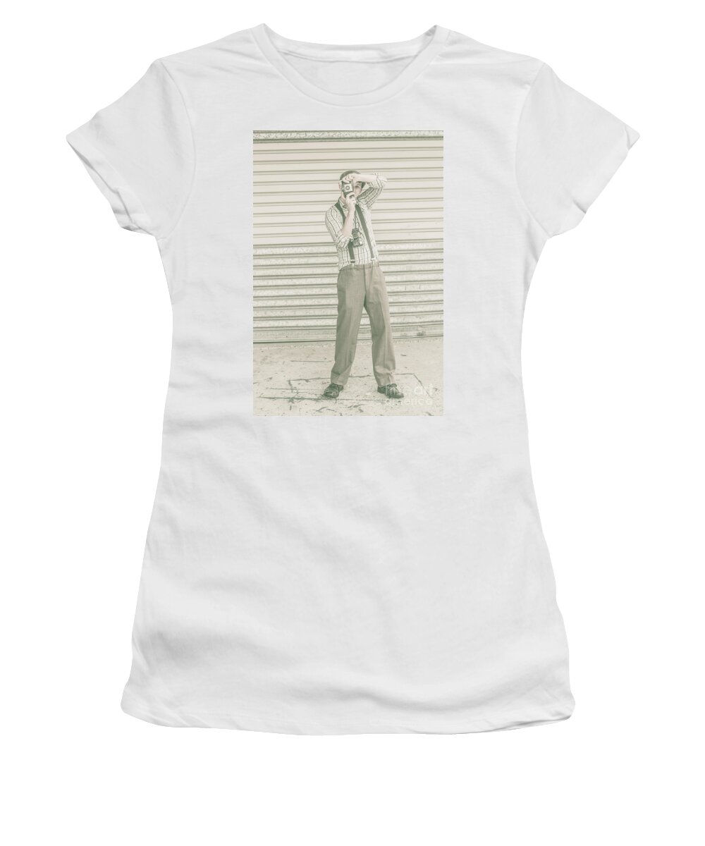 Camera Women's T-Shirt featuring the photograph Photojournalist with a retro camera by Jorgo Photography