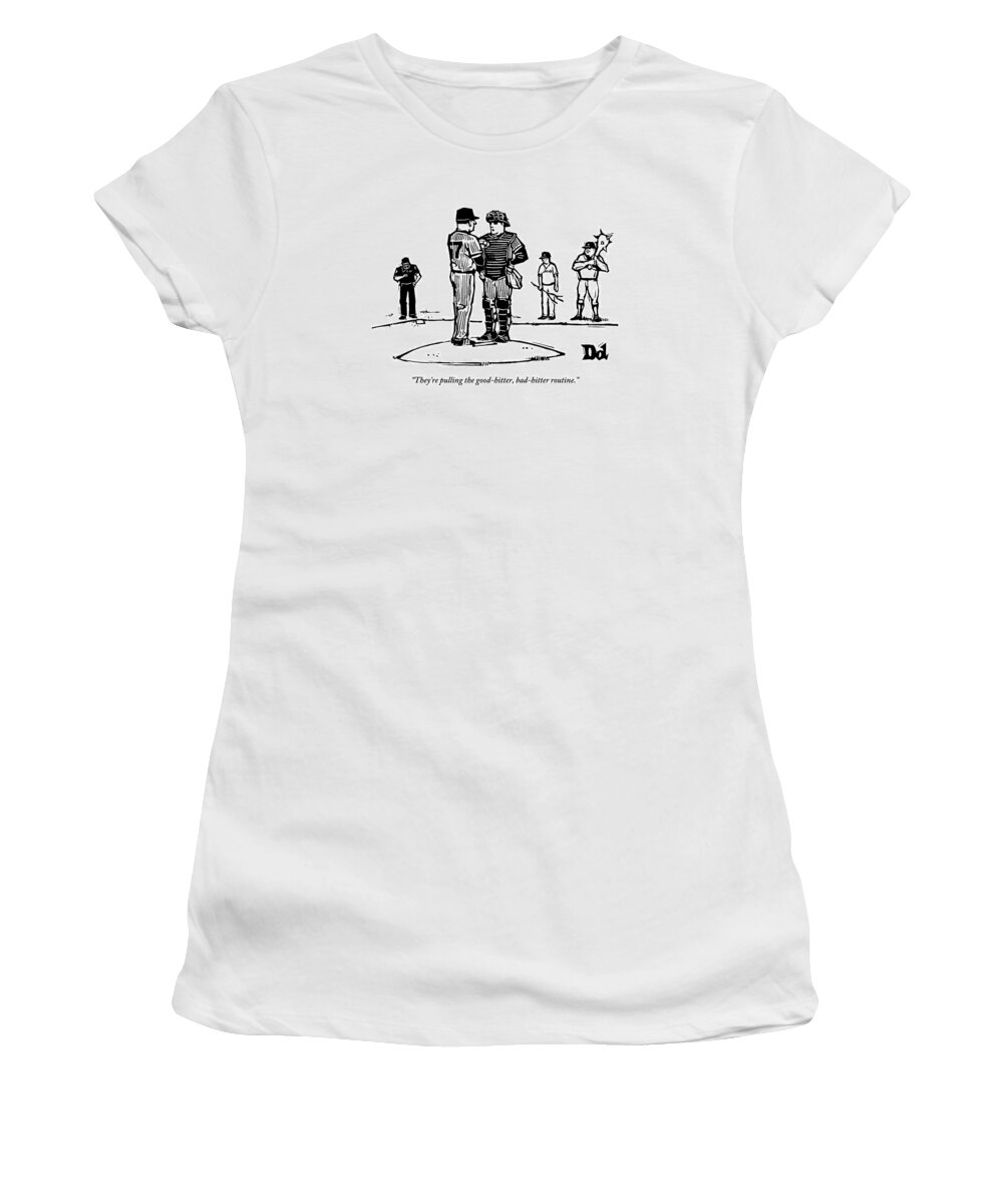 Baseball Women's T-Shirt featuring the drawing Pitcher And Catcher Stand On Pitcher's Mound by Drew Dernavich