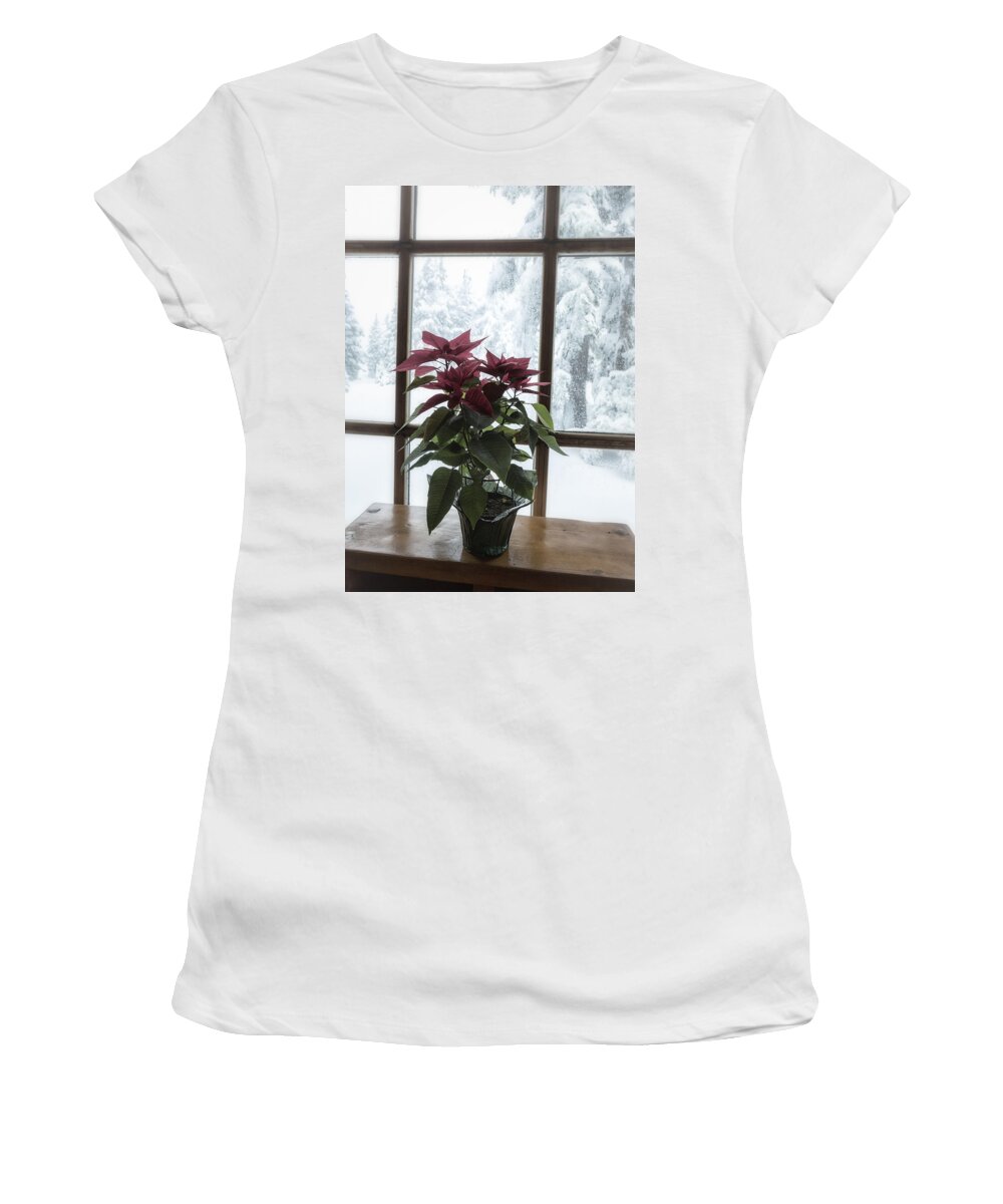 Poinsettia Women's T-Shirt featuring the photograph Poinsettia at Timberline Lodge by Belinda Greb
