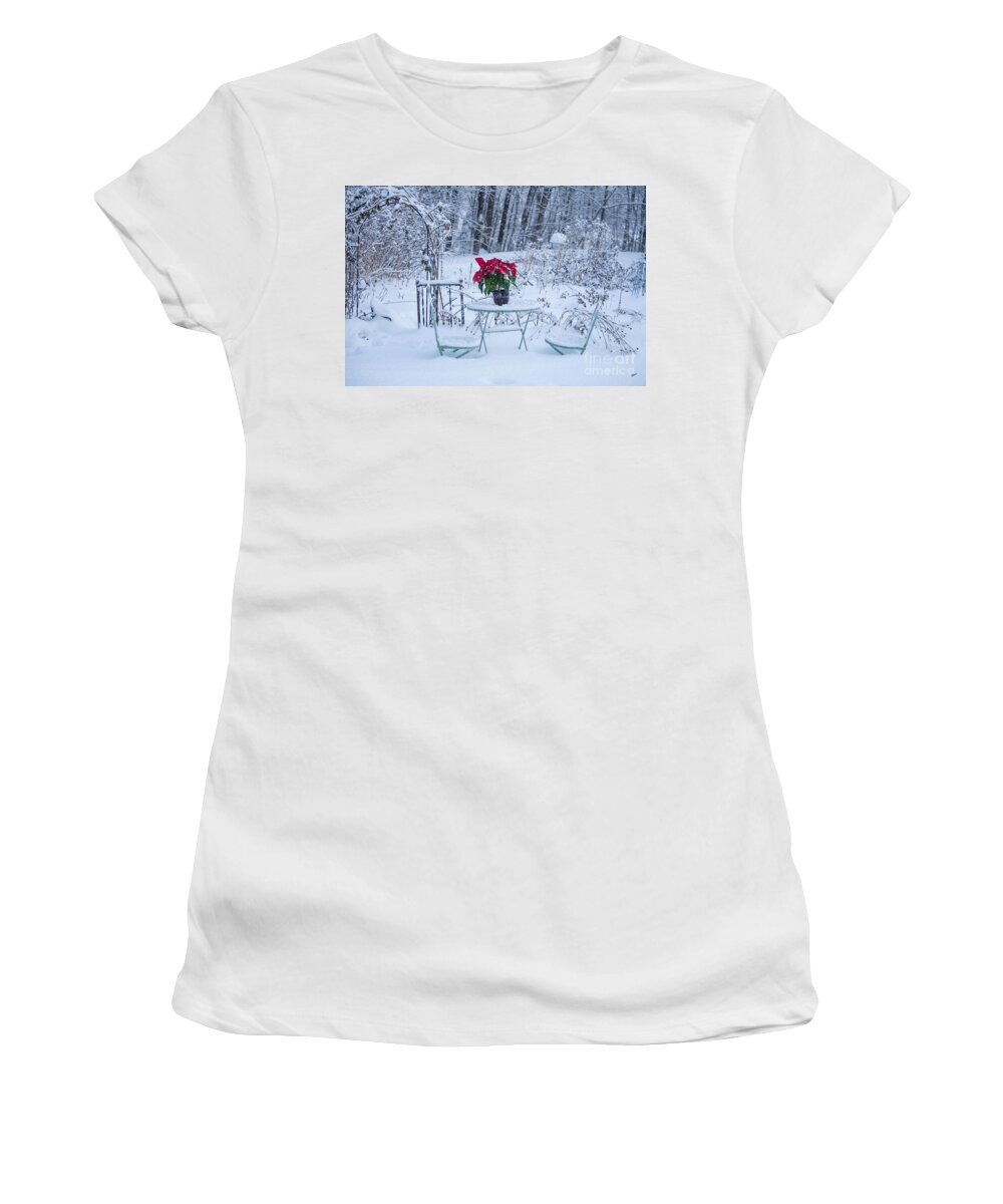 Poinsettia Women's T-Shirt featuring the photograph Poinsettia in the Snow by Alana Ranney