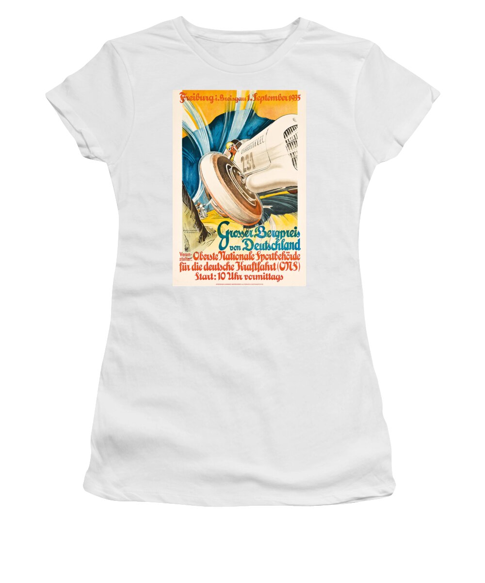 Motor Racing Women's T-Shirt featuring the painting Poster advertising the Grosser Bergpreis Grand Prix by German School