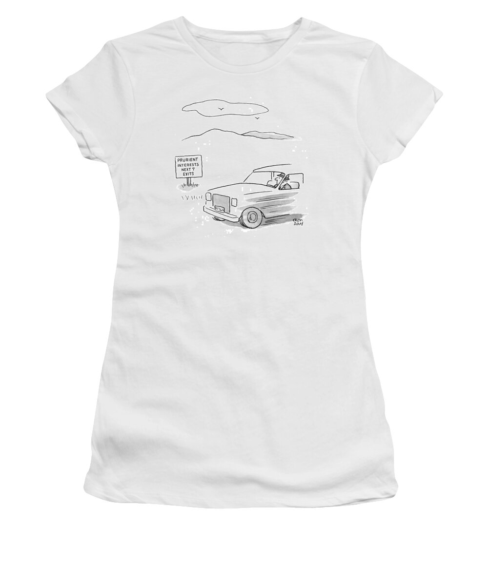 Road Signs Women's T-Shirt featuring the drawing 'prurient Interests Next 7 Exits.' by Chon Day