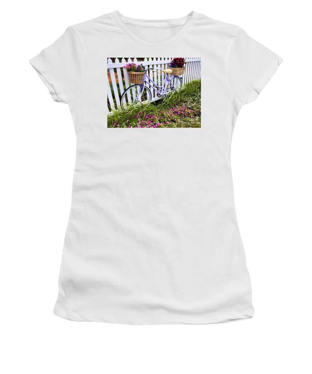 Bicycle Women's T-Shirt featuring the photograph Purple Bicycle and Flowers by David Smith
