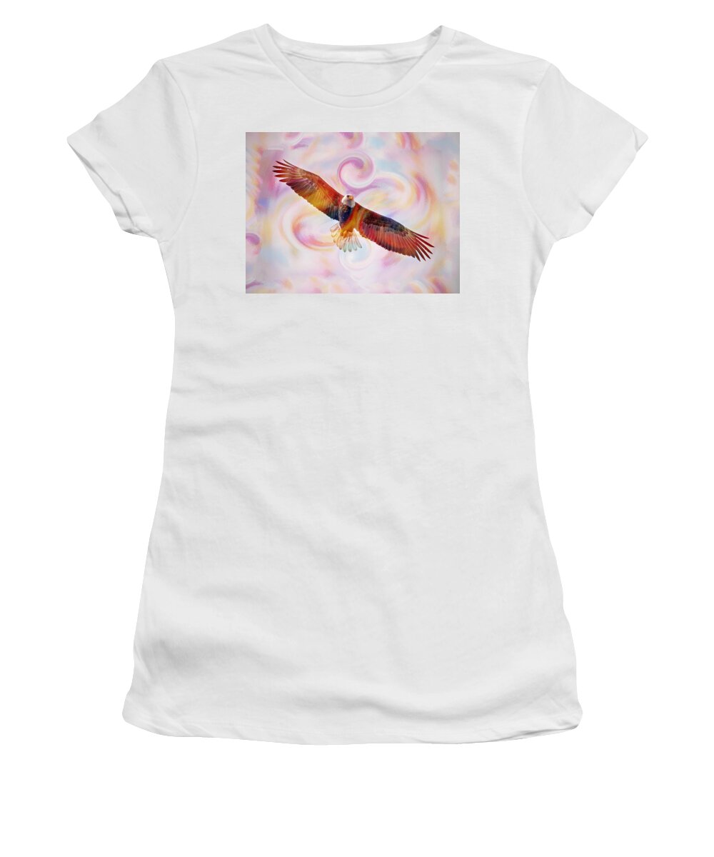 Bald Eagle Women's T-Shirt featuring the painting Rainbow Flying Eagle watercolor painting by Georgeta Blanaru