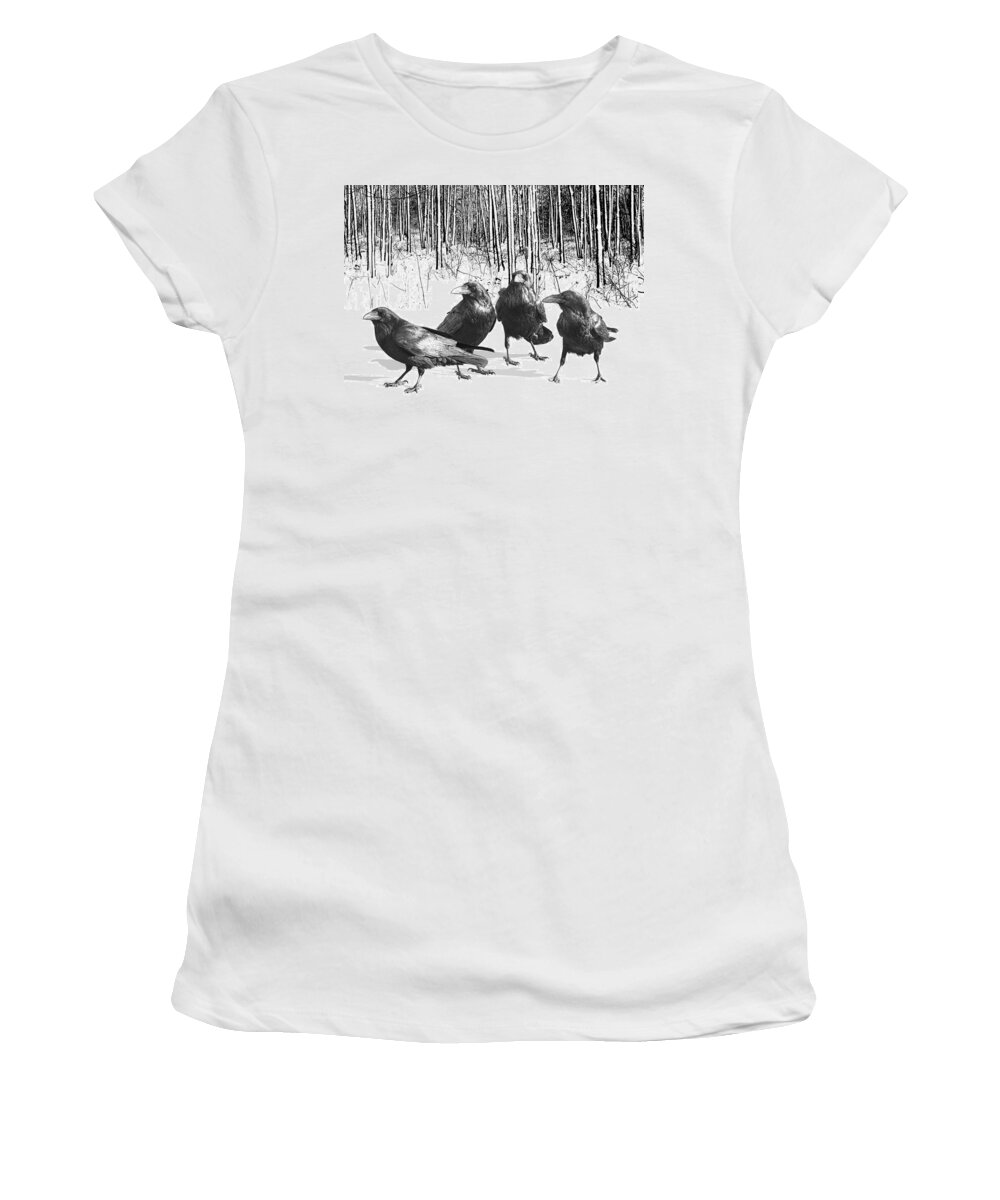 Art Women's T-Shirt featuring the photograph Ravens by the Edge of the Woods in Winter by Randall Nyhof