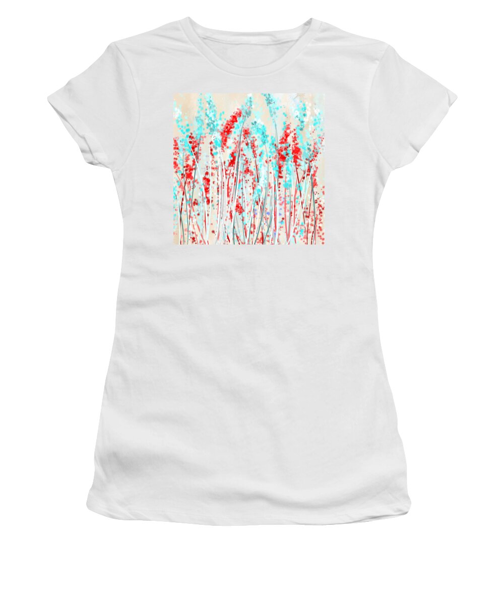 Yellow Women's T-Shirt featuring the painting Red And Teal Fields by Lourry Legarde