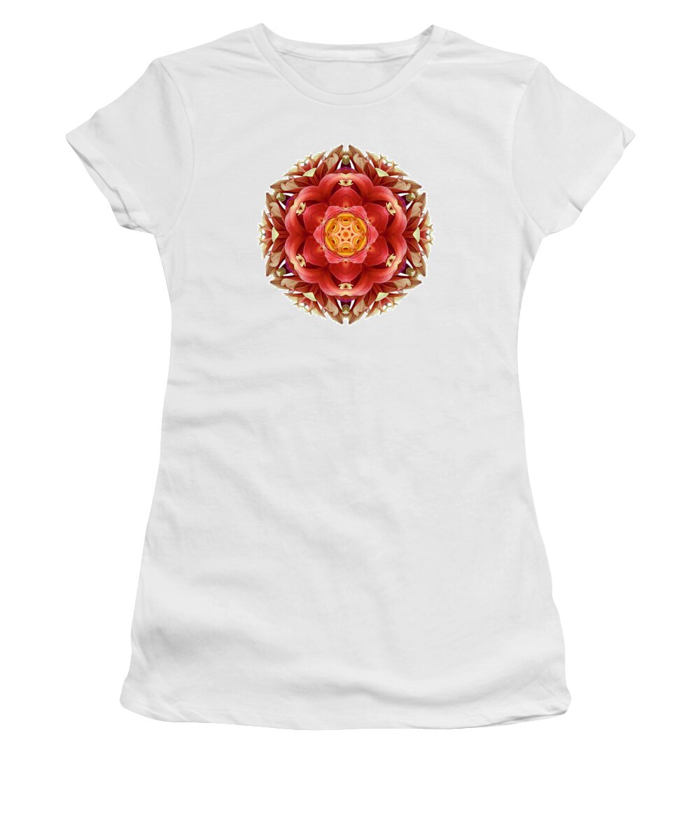 Flower Women's T-Shirt featuring the photograph Red and Yellow Dahlia III Flower Mandala Whtie by David J Bookbinder