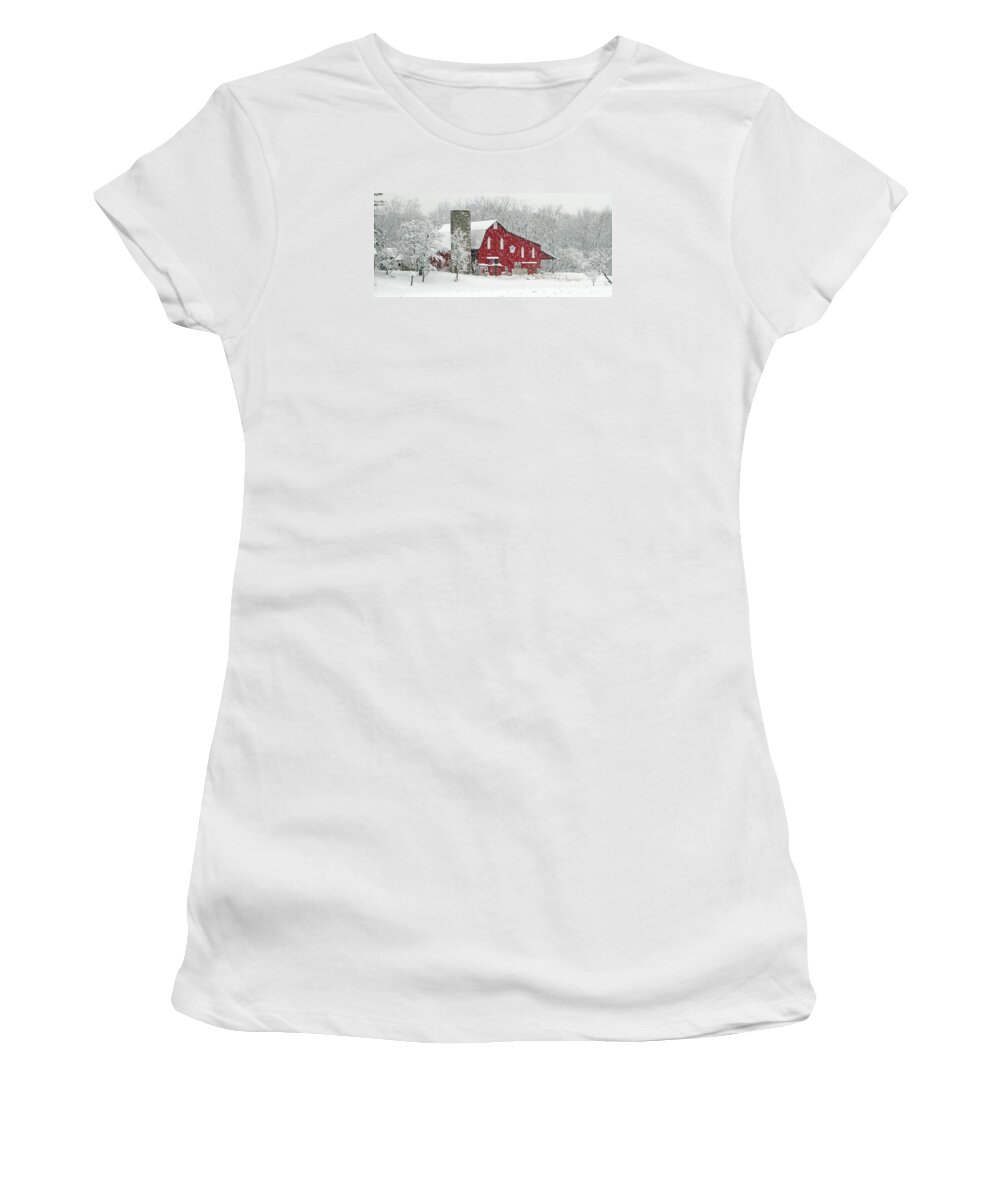 Red Barn Women's T-Shirt featuring the photograph Red Barn in Snow by Jack Schultz
