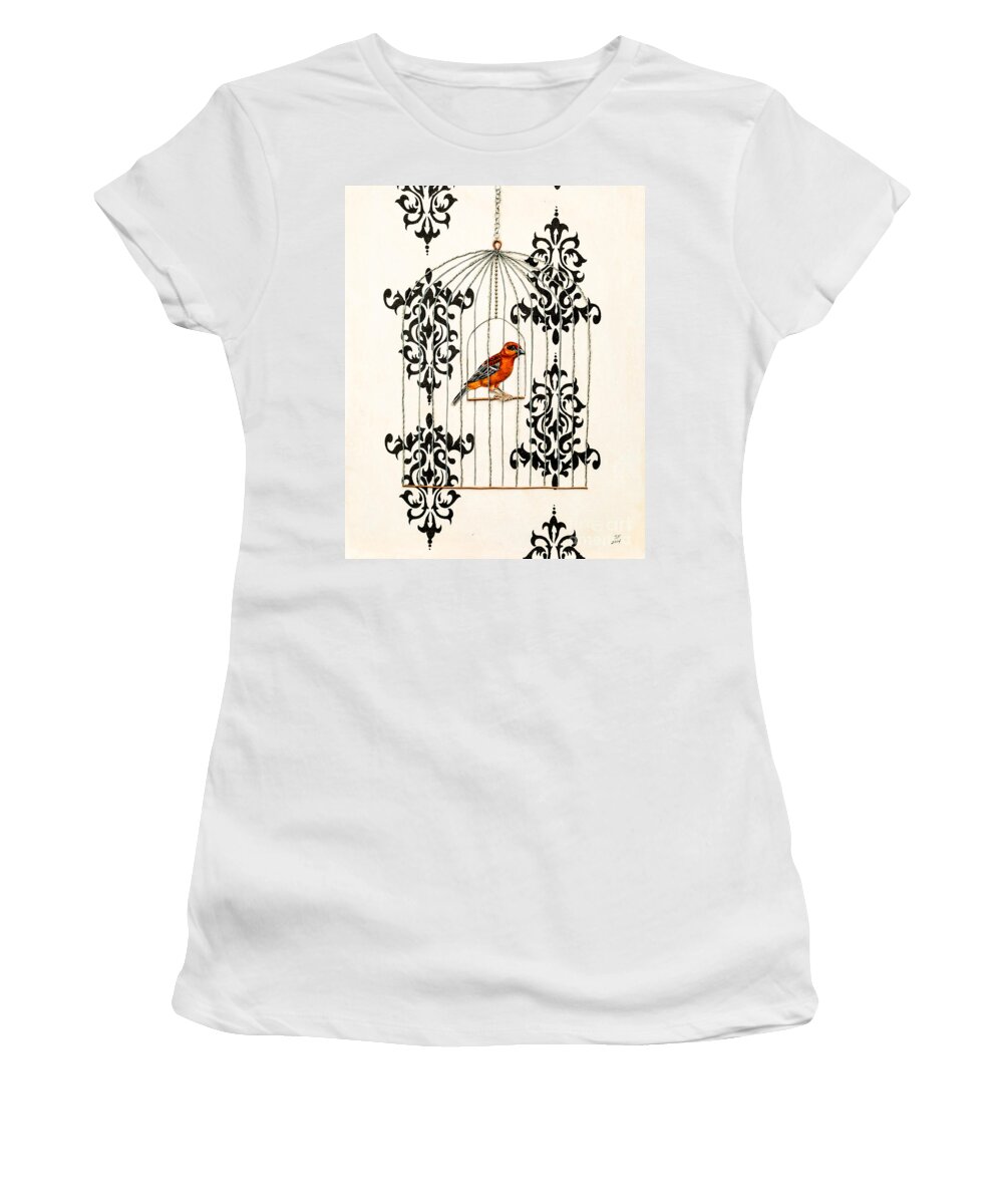 Red Bird Women's T-Shirt featuring the painting Red finch by Stefanie Forck