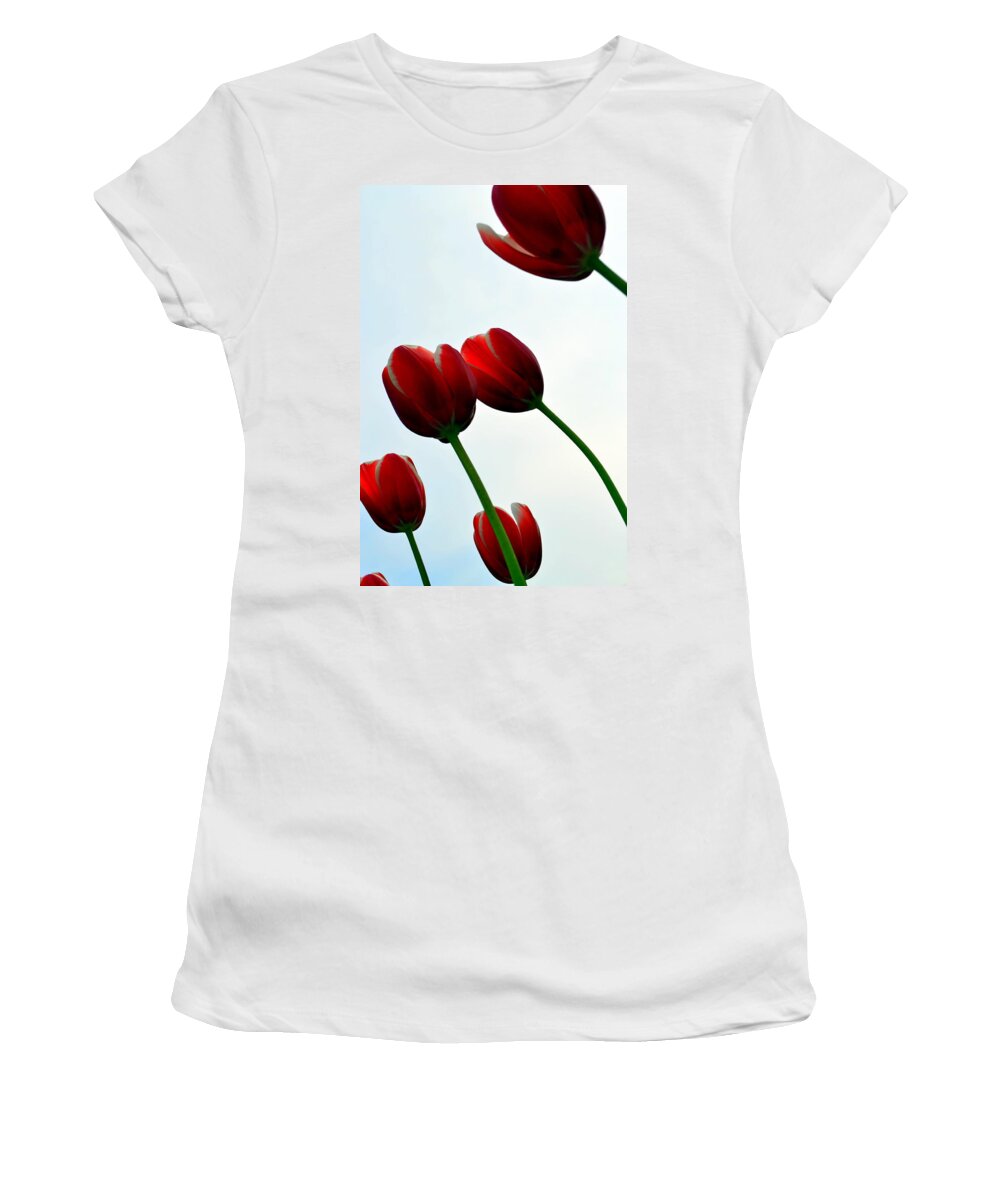 Photograph Women's T-Shirt featuring the photograph Red Tulips from the Bottom Up VII by Michelle Calkins