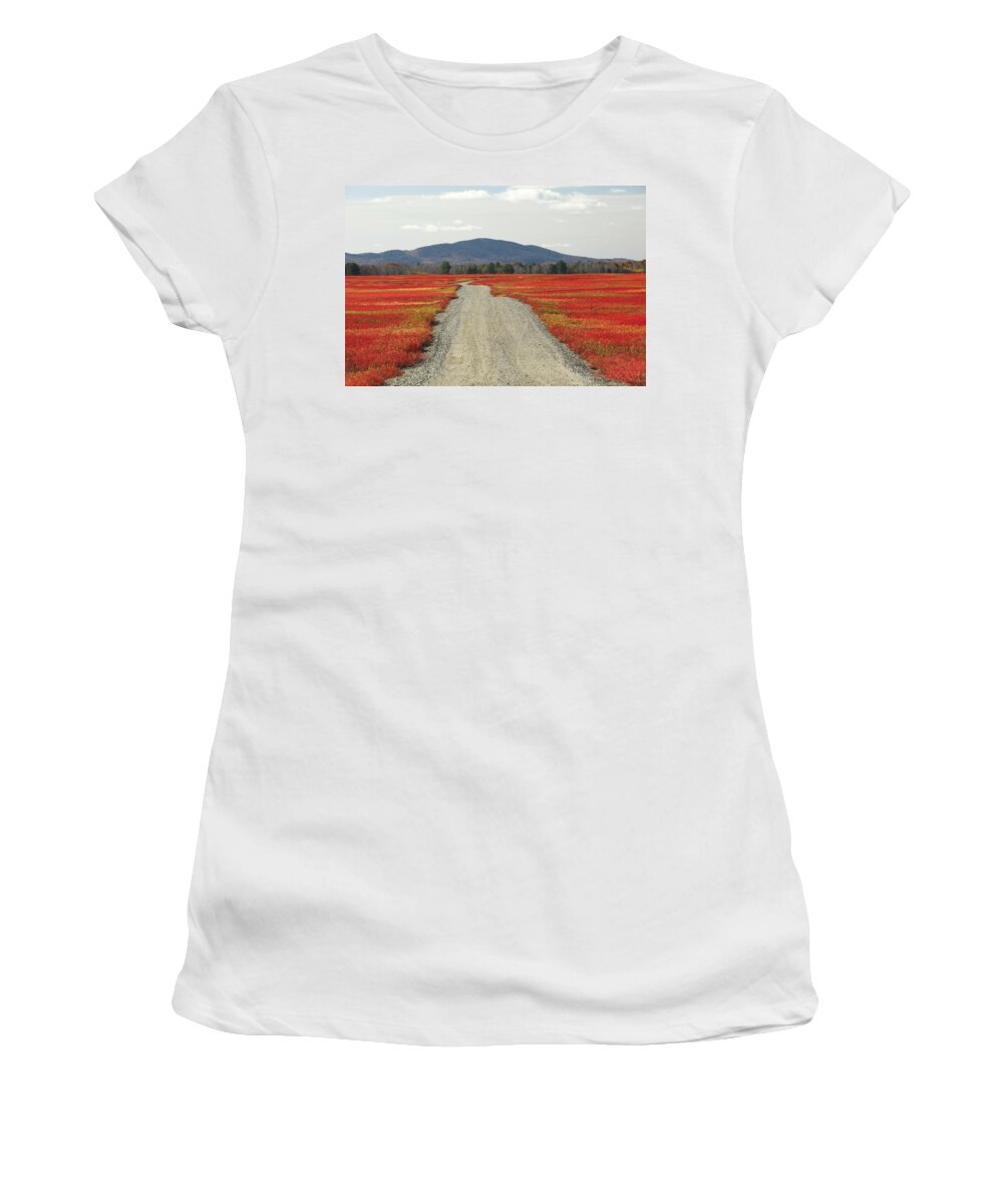 Feb0514 Women's T-Shirt featuring the photograph Road Through Autumn Blueberry Maine by Scott Leslie