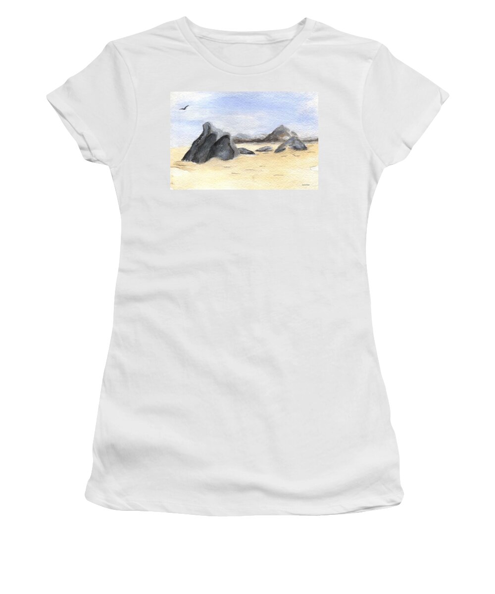 Rocks Women's T-Shirt featuring the painting Rocks on Beach by Jamie Frier