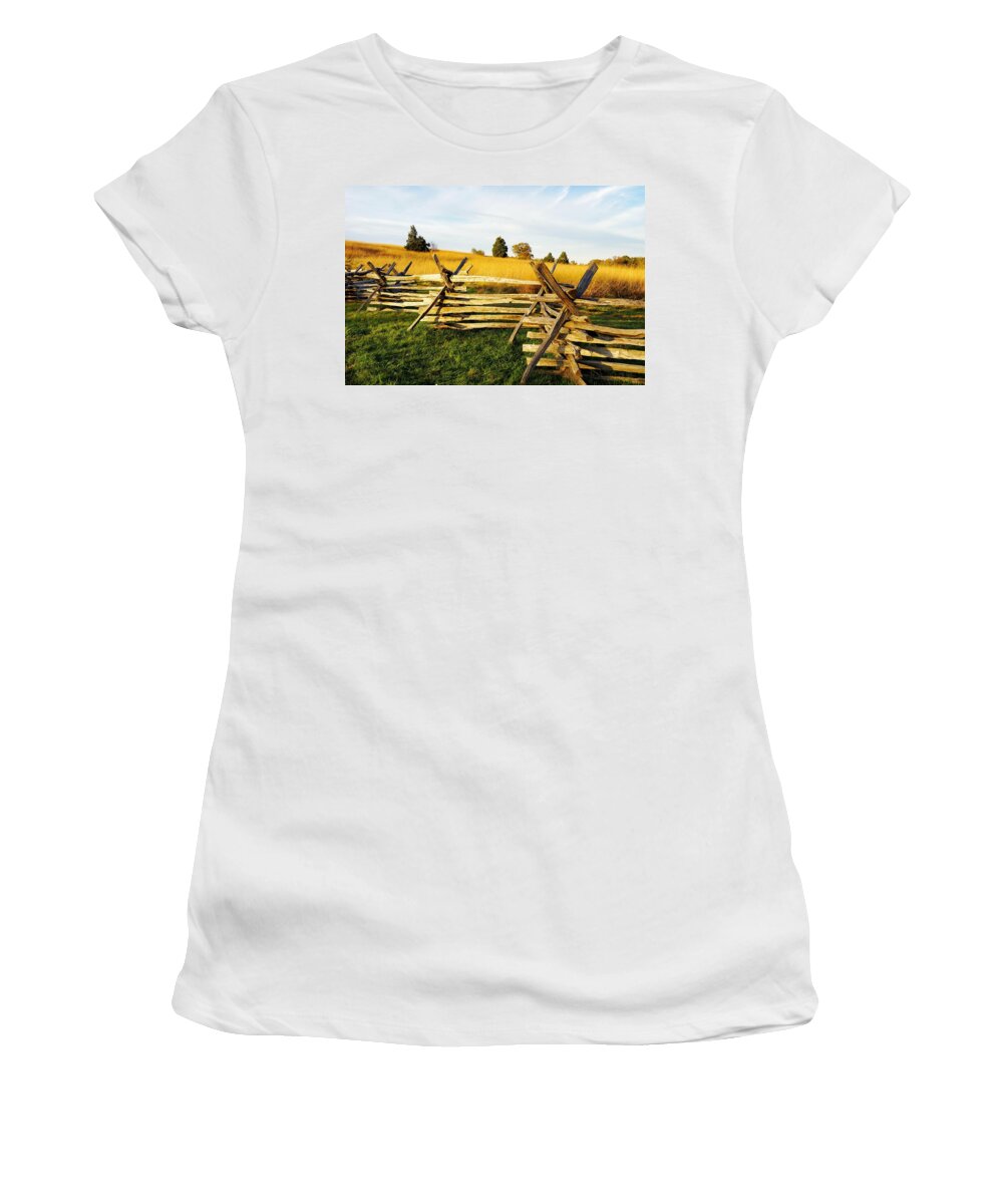 Rustic Women's T-Shirt featuring the photograph Rustic Fence in the Early Evening by Jean Goodwin Brooks