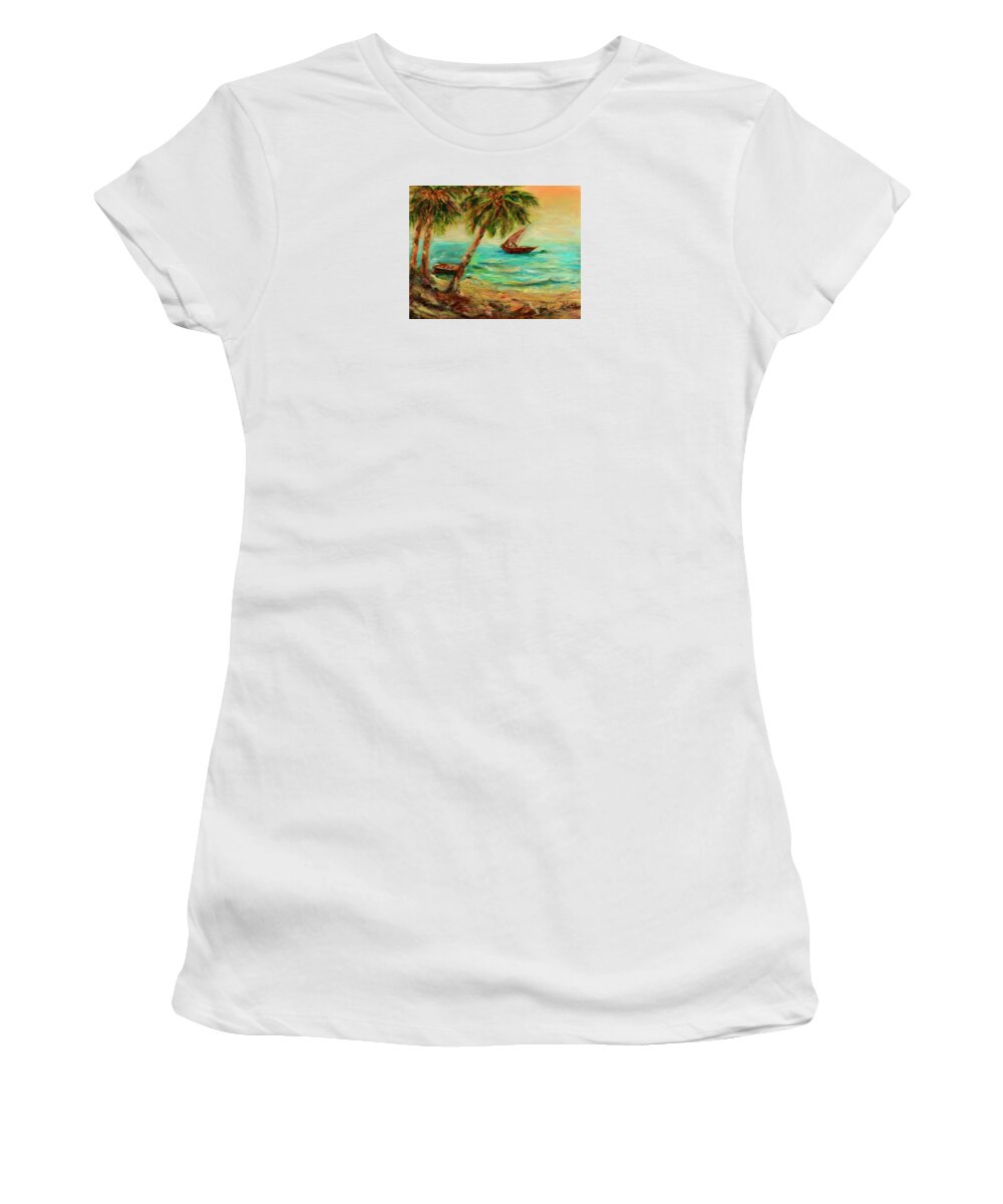 Indian Ocean Women's T-Shirt featuring the painting Sail boats on Indian Ocean by Sher Nasser