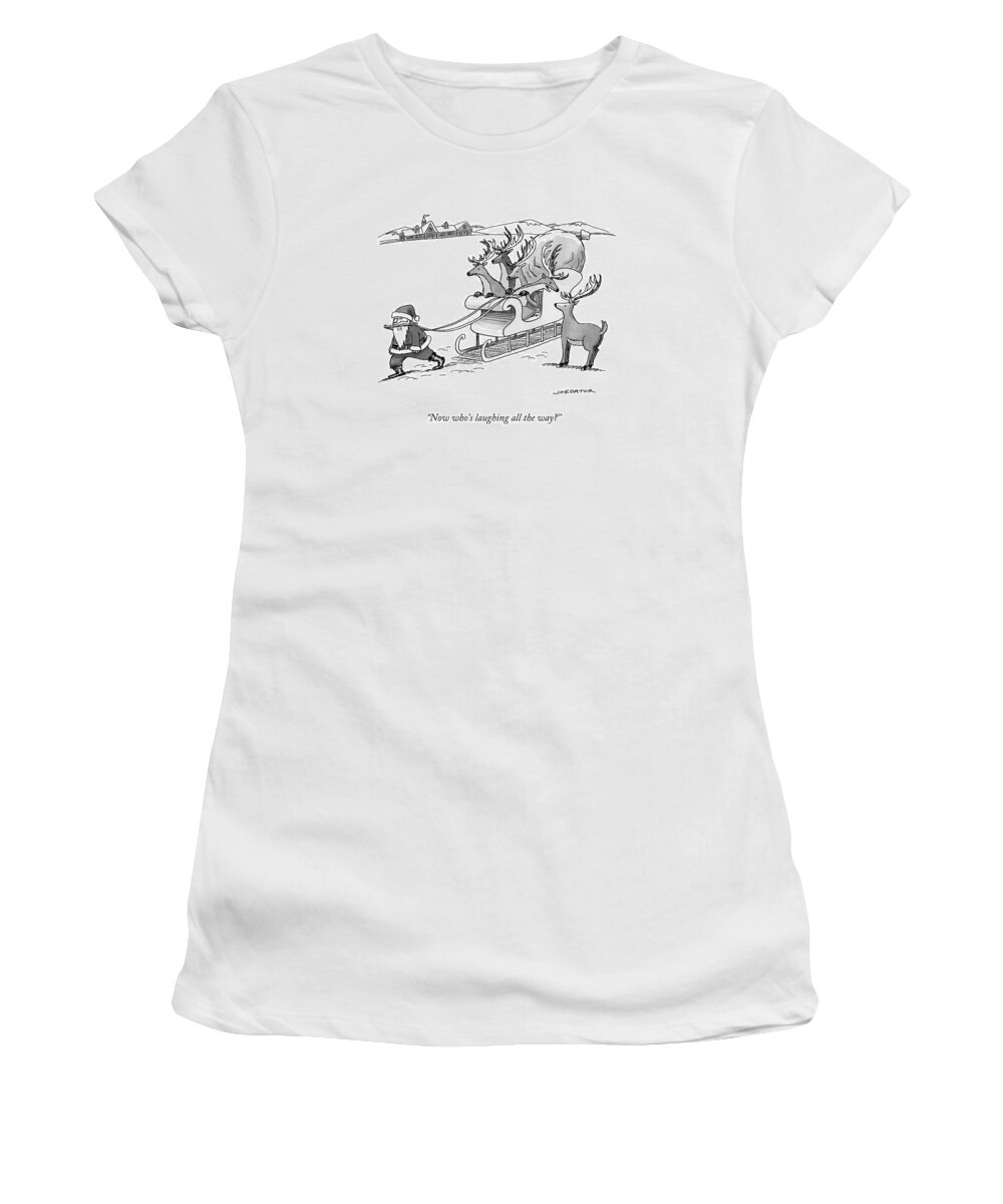 Cctk Women's T-Shirt featuring the drawing Santa Claus Pulls A Sleigh Full Of Reindeer by Joe Dator