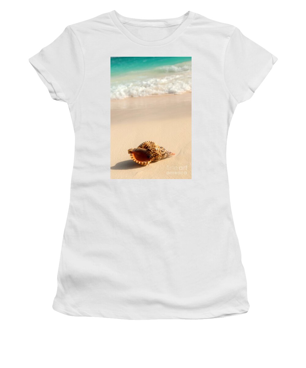 Seashell Women's T-Shirt featuring the photograph Seashell and ocean wave 4 by Elena Elisseeva