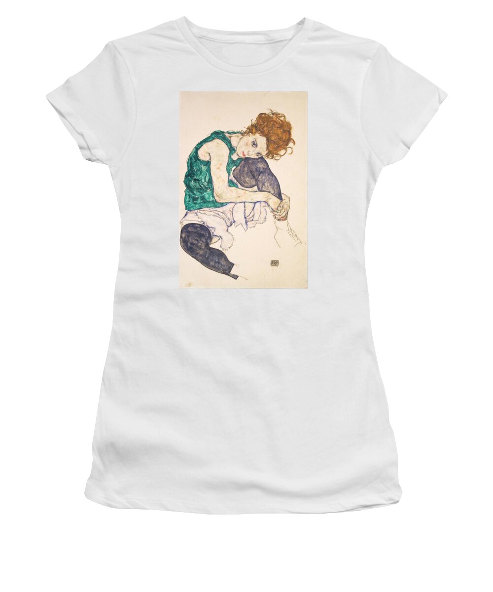 Egon Schiele Women's T-Shirt featuring the painting Seated Woman with Legs Drawn Up. Adele Herms by Egon Schiele