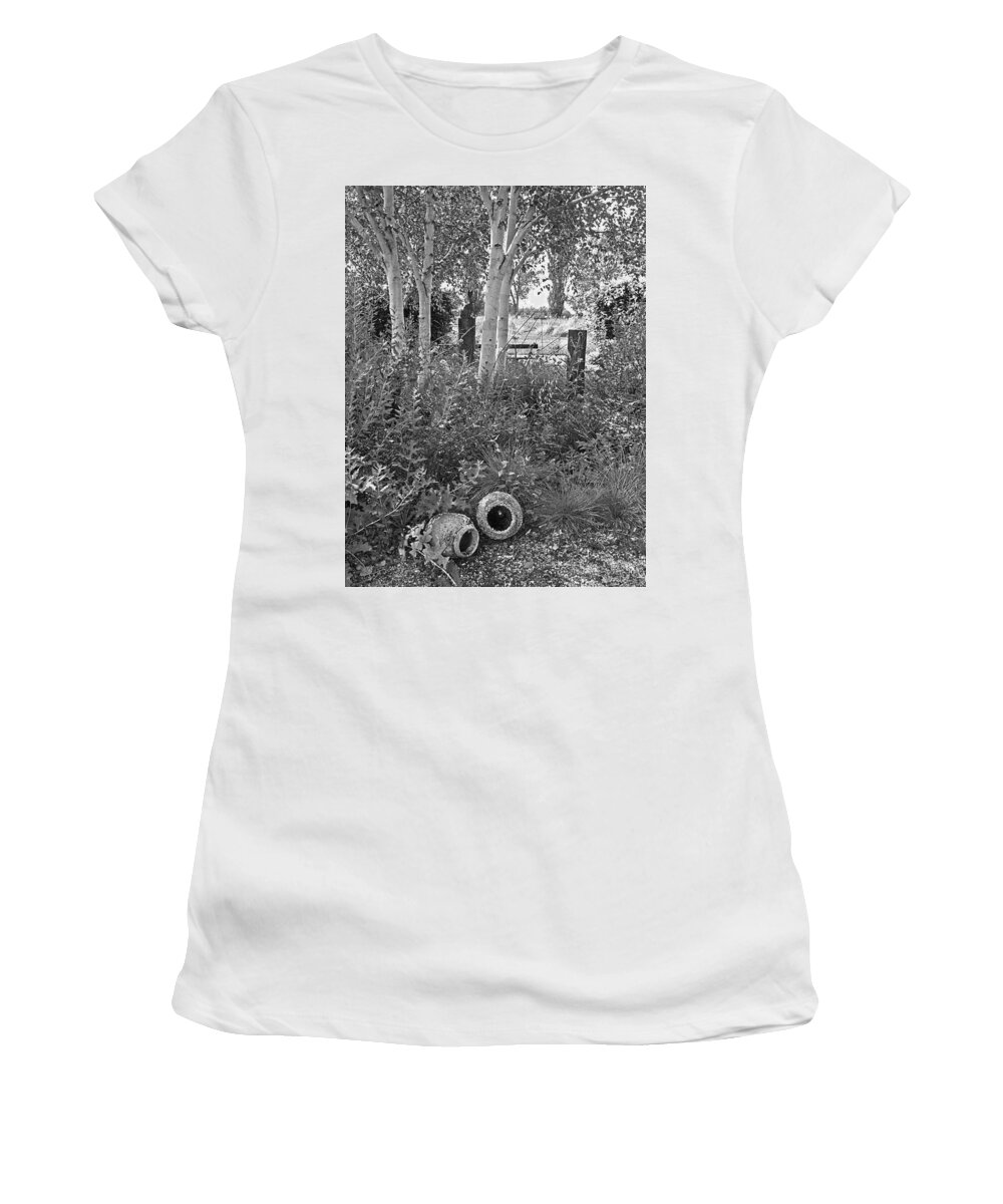 White Birch Women's T-Shirt featuring the photograph Shady Corner Under The Birch Trees in Black and White by Gill Billington
