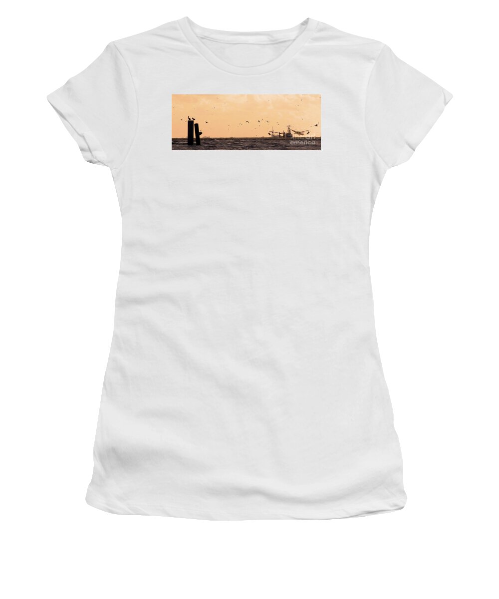 Port Fourchon Photography Women's T-Shirt featuring the photograph Shrimp Boat and Pelicans by Luana K Perez