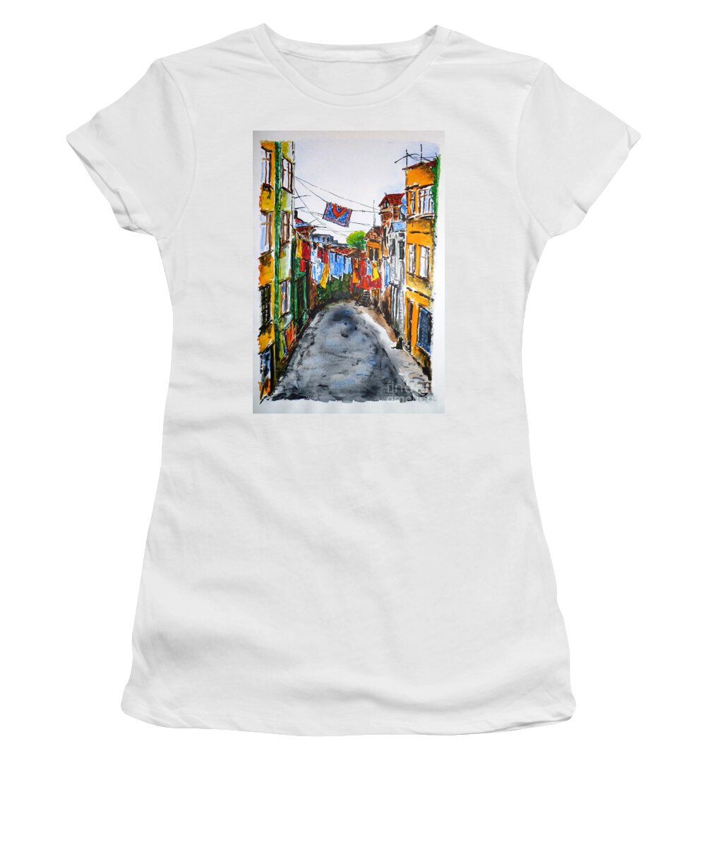 Side Street Women's T-Shirt featuring the painting Side Street by Zaira Dzhaubaeva