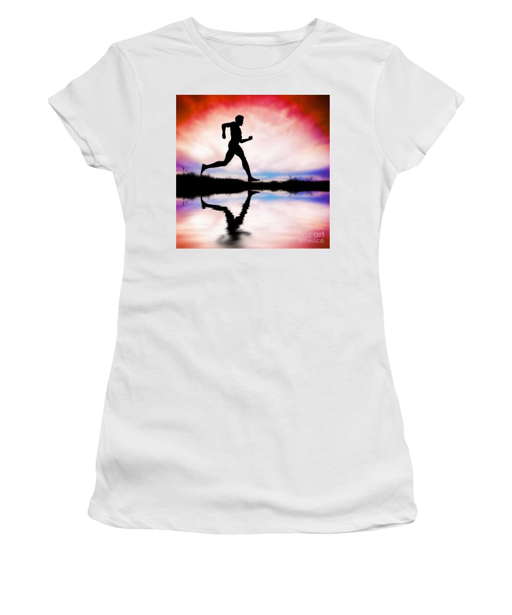 Running Women's T-Shirt featuring the photograph Silhouette of man running at sunset by Michal Bednarek
