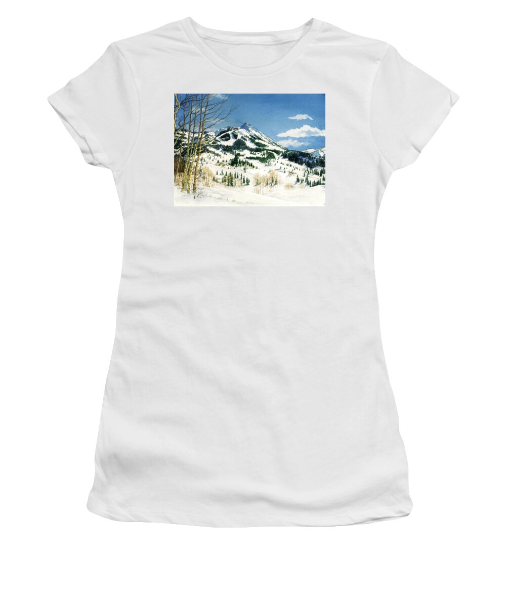 Water Color Paintings Women's T-Shirt featuring the painting Skiers Paradise by Barbara Jewell