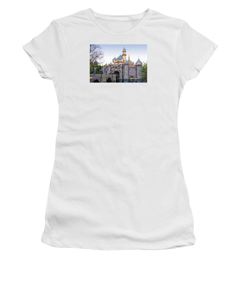 Mickey Mouse Women's T-Shirt featuring the photograph Sleeping Beauty Castle Disneyland Side View by Thomas Woolworth