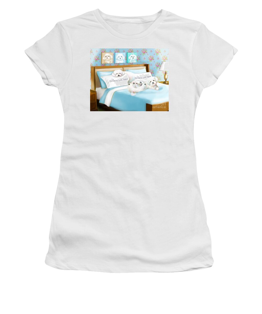 Maltese Women's T-Shirt featuring the painting Sleeps with Maltese by Catia Lee