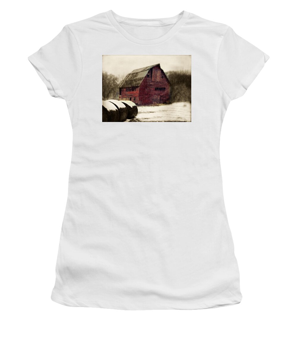 Barn Women's T-Shirt featuring the photograph Snow Bales by Julie Hamilton