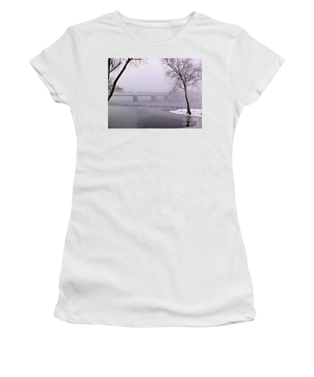 Birds Women's T-Shirt featuring the photograph Snow from Lewis Island Bridge by Christopher Plummer
