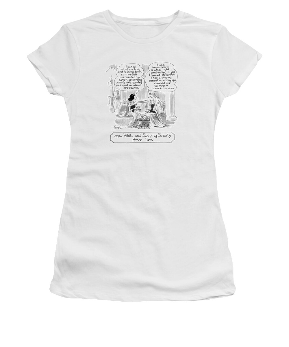Characters Women's T-Shirt featuring the drawing Snow White And Sleeping Beauty Have Tea by Edward Frascino