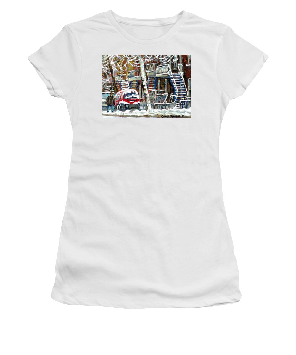 Montreal Women's T-Shirt featuring the painting Snowed In January Trees Red Car In Verdun Winter City Scene Montreal Art Carole Spandau by Carole Spandau