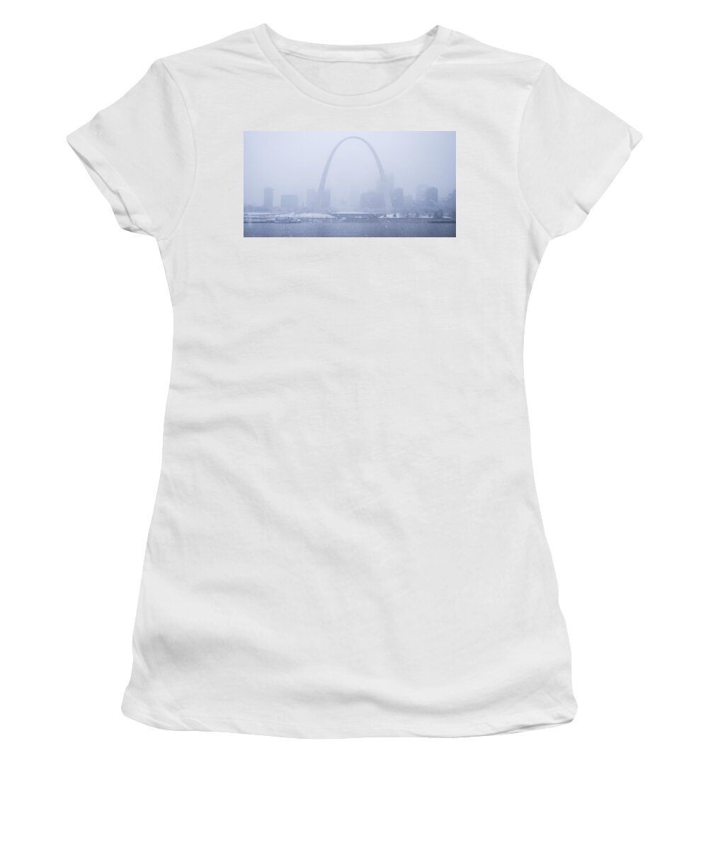 St Louis Women's T-Shirt featuring the photograph Snowing at the Riverfront by Garry McMichael
