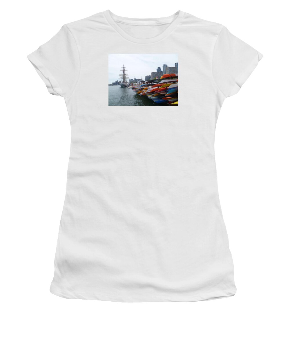 Tall Ships 1812 Women's T-Shirt featuring the photograph Sorlandet and Canoes at dockyard by Lingfai Leung