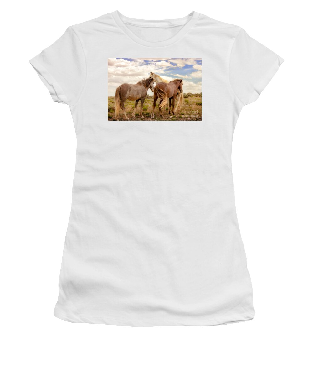 Southwest Wild Horses With White Stallion On Navajo Indian Reservation In New Mexico Women's T-Shirt featuring the photograph Wild Horses With White Stallion On Navajo Indian Reservation by Jerry Cowart