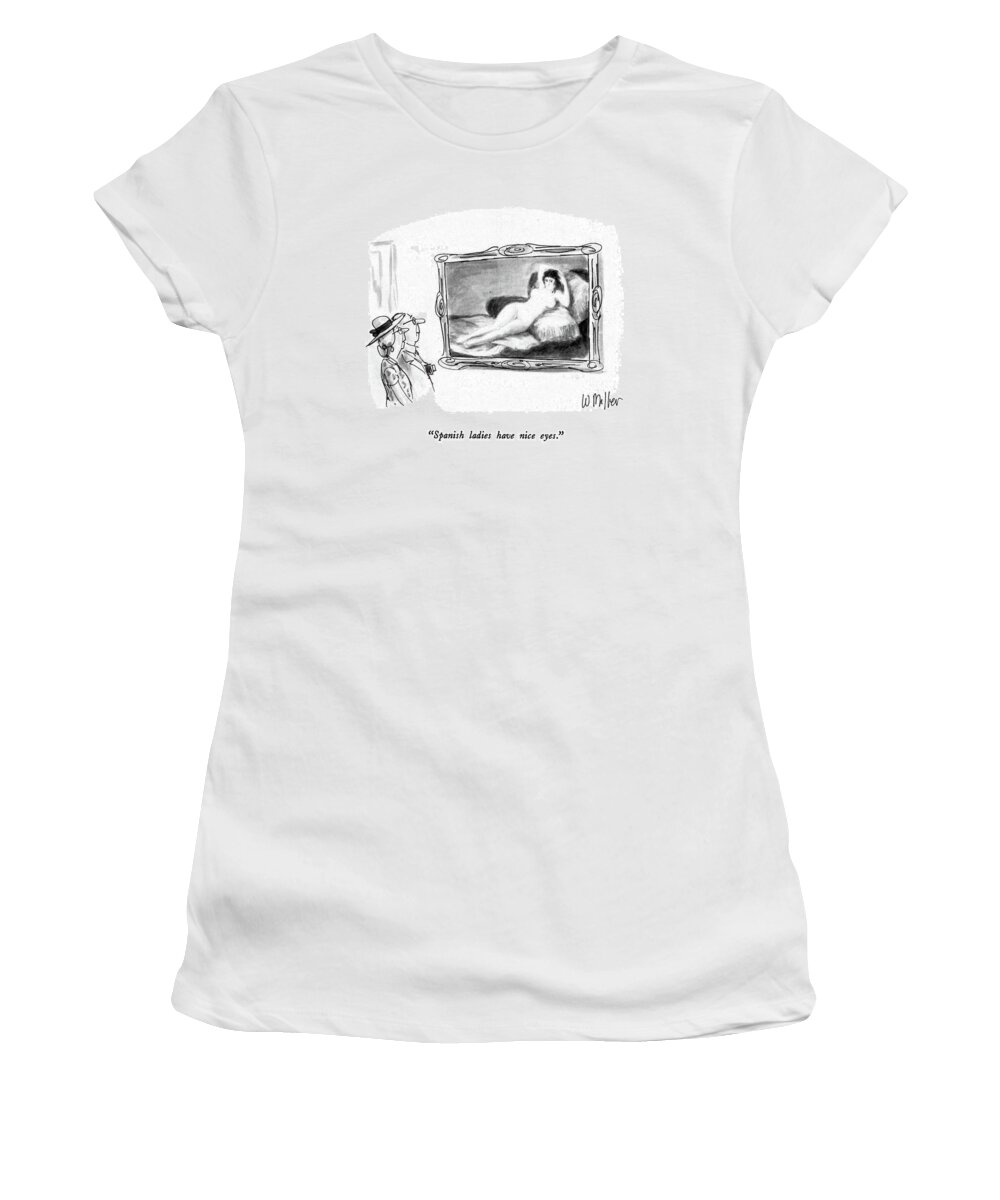 

 Elderly Couple Looking At A Goya Nude. 
Art Women's T-Shirt featuring the drawing Spanish Ladies Have Nice Eyes by Warren Miller