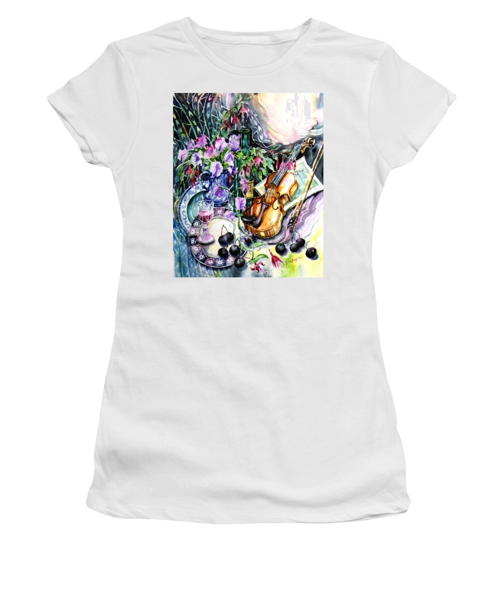 Still Life Women's T-Shirt featuring the painting Still Life with Violin Sweet Pea and Cherries by Trudi Doyle