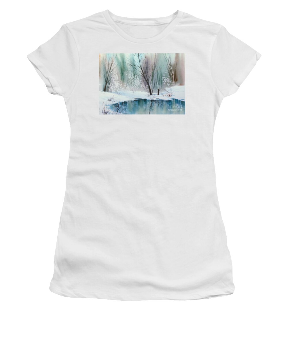 Stream Cove In Winter Women's T-Shirt featuring the painting Stream Cove in Winter by Teresa Ascone