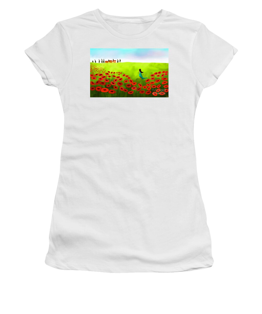Color Women's T-Shirt featuring the painting Strolling Among The Red Poppies by Anita Lewis