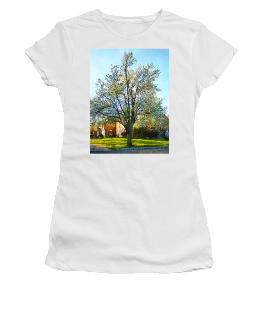 Flowering Tree Women's T-Shirt featuring the photograph Suburbs - Late Afternoon in Spring by Susan Savad
