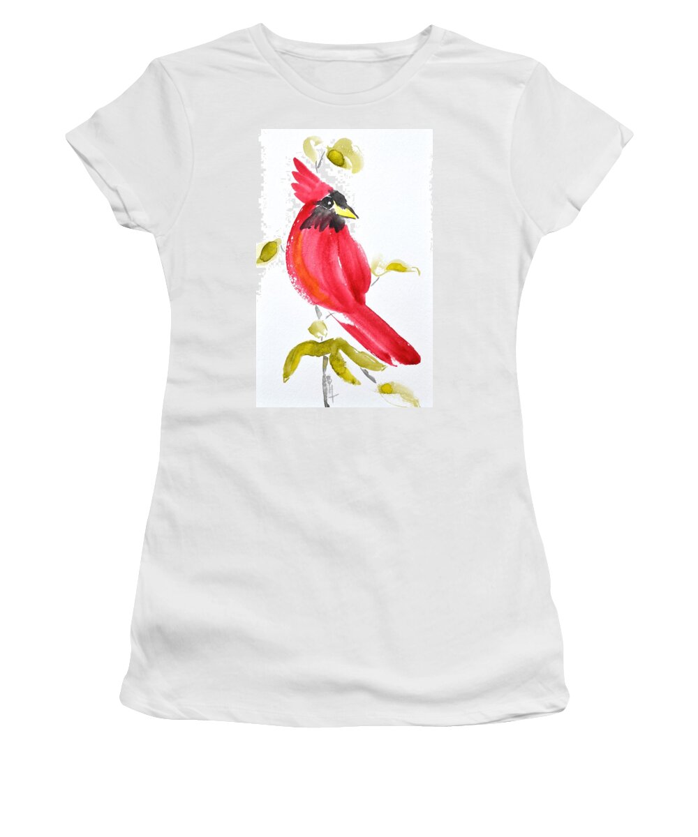 Cardinal Women's T-Shirt featuring the painting Sumi-e Cardinal II by Beverley Harper Tinsley