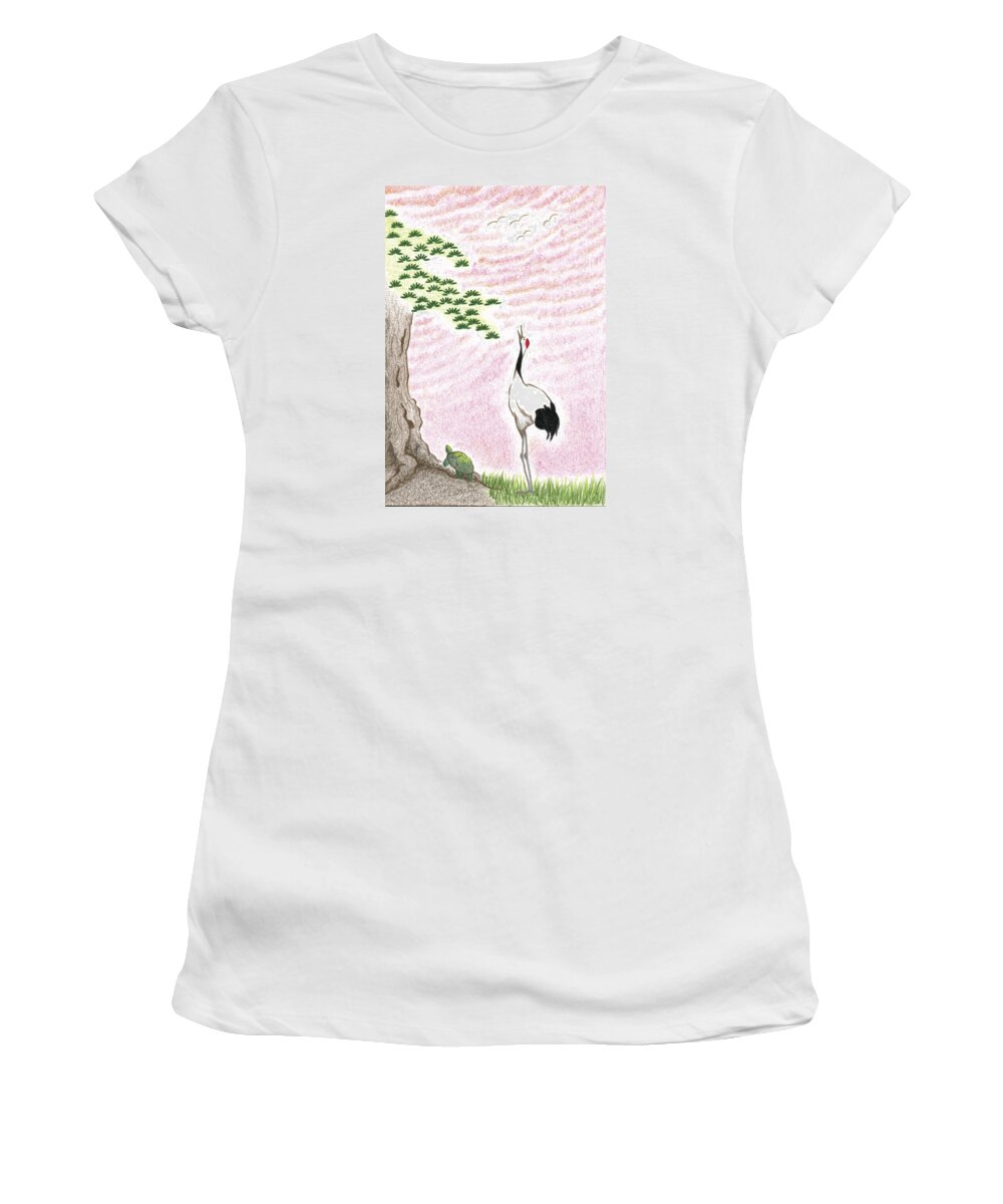 Crane At Sunset Women's T-Shirt featuring the drawing Sunset by Keiko Katsuta