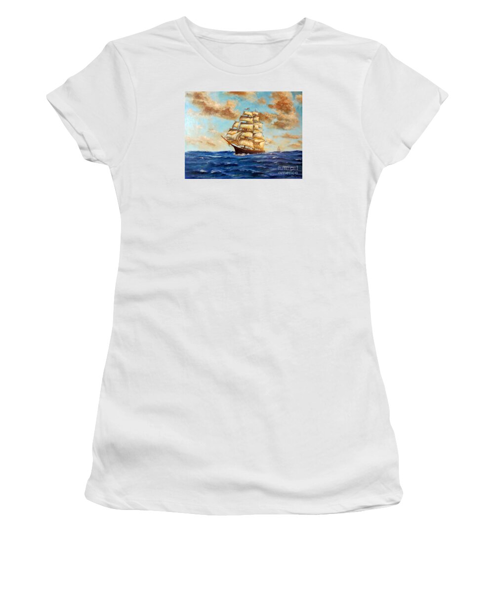 Lee Piper Women's T-Shirt featuring the painting Tall Ship On The South Sea by Lee Piper
