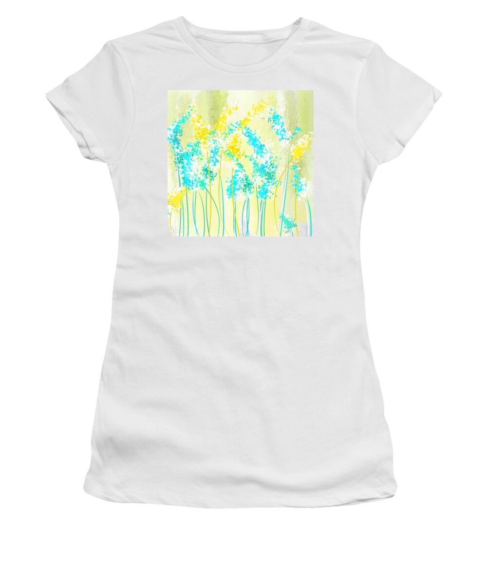 Light Green Women's T-Shirt featuring the painting Teal And Graces by Lourry Legarde